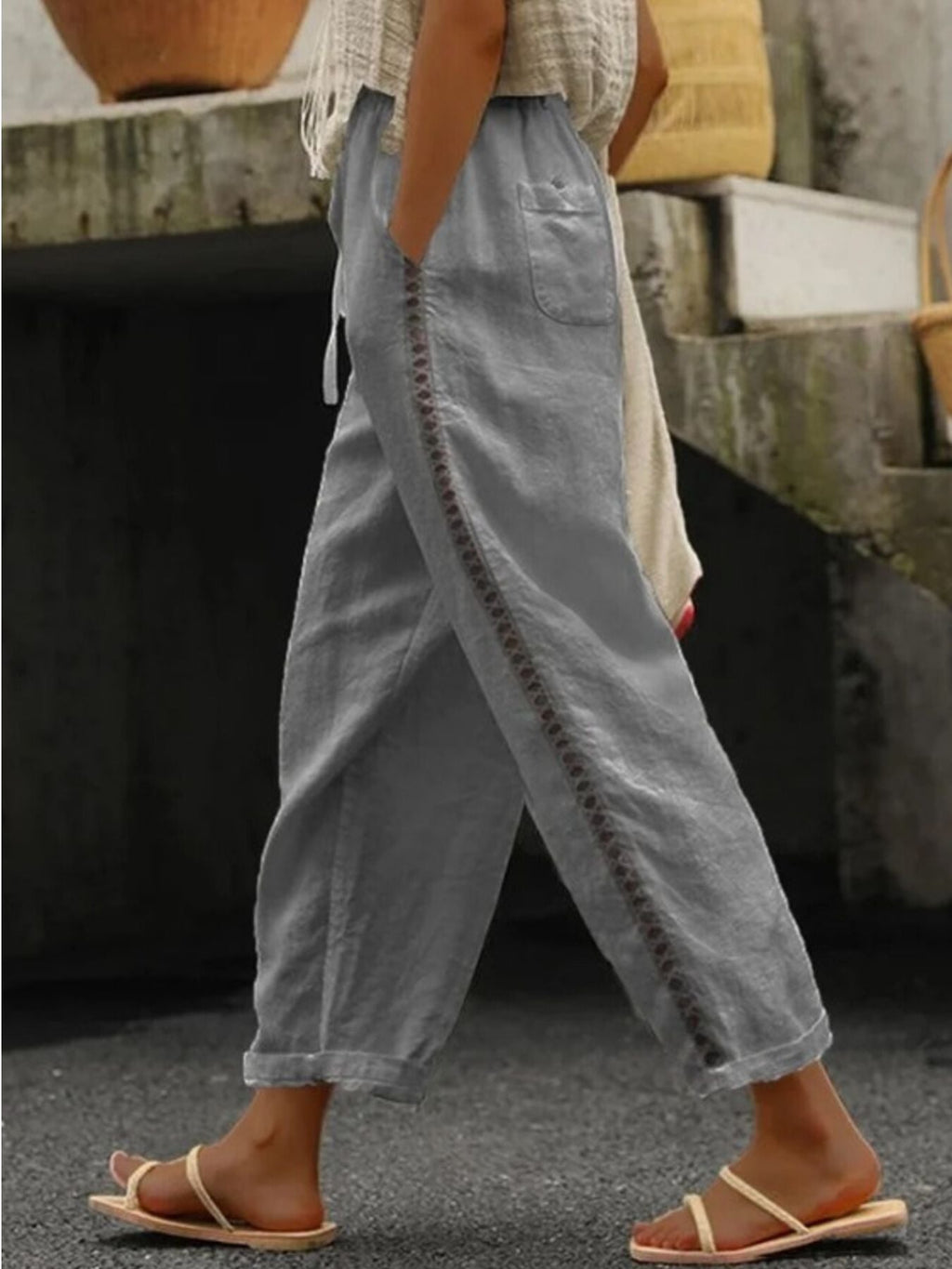 Hollow Out Trim Cropped Pants