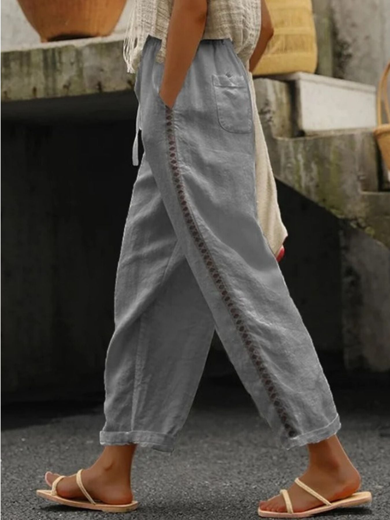 Hollow Out Trim Cropped Pants