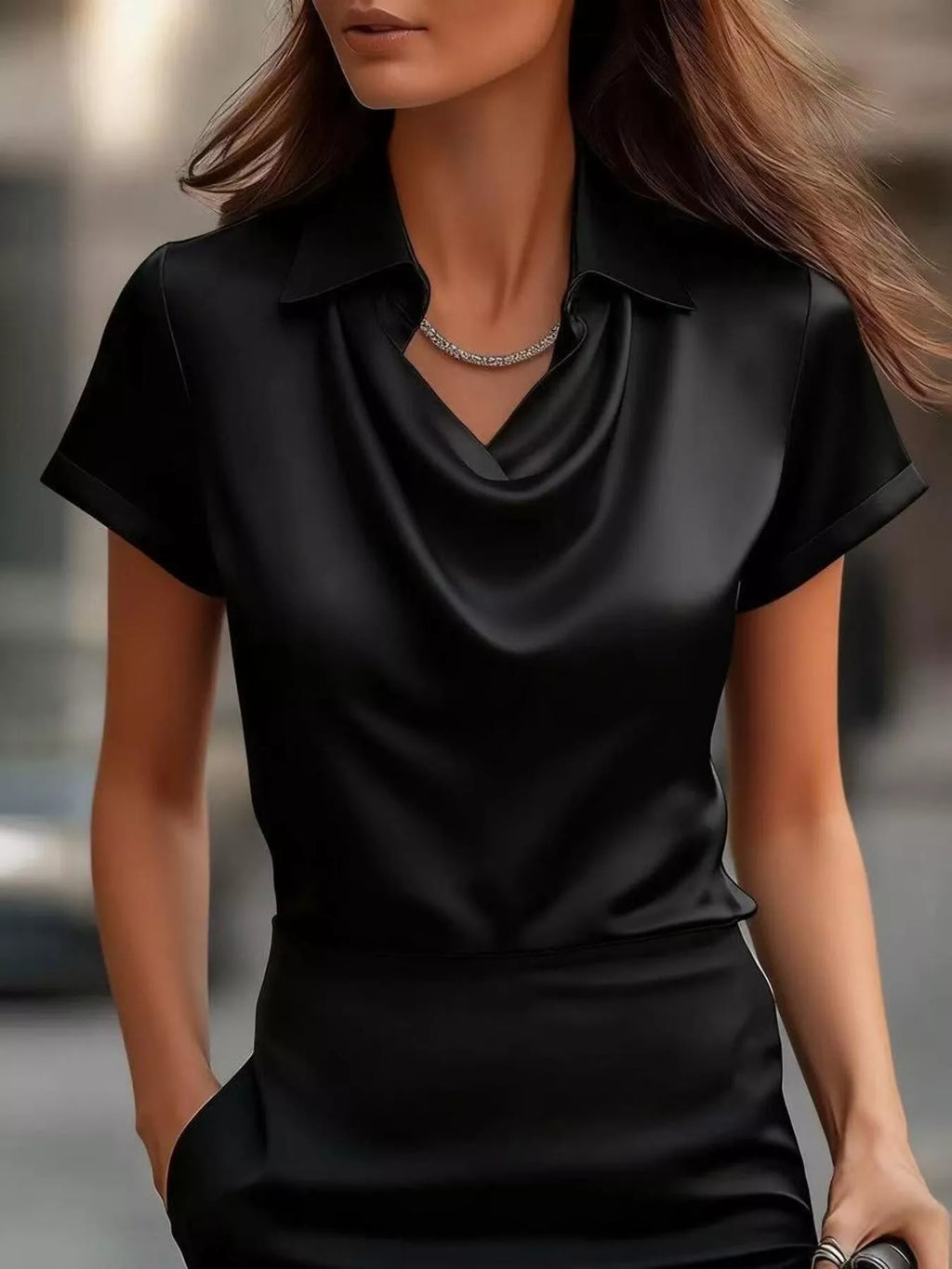 Full Size Cowl Neck Short Sleeve Satin Blouse Plus Size