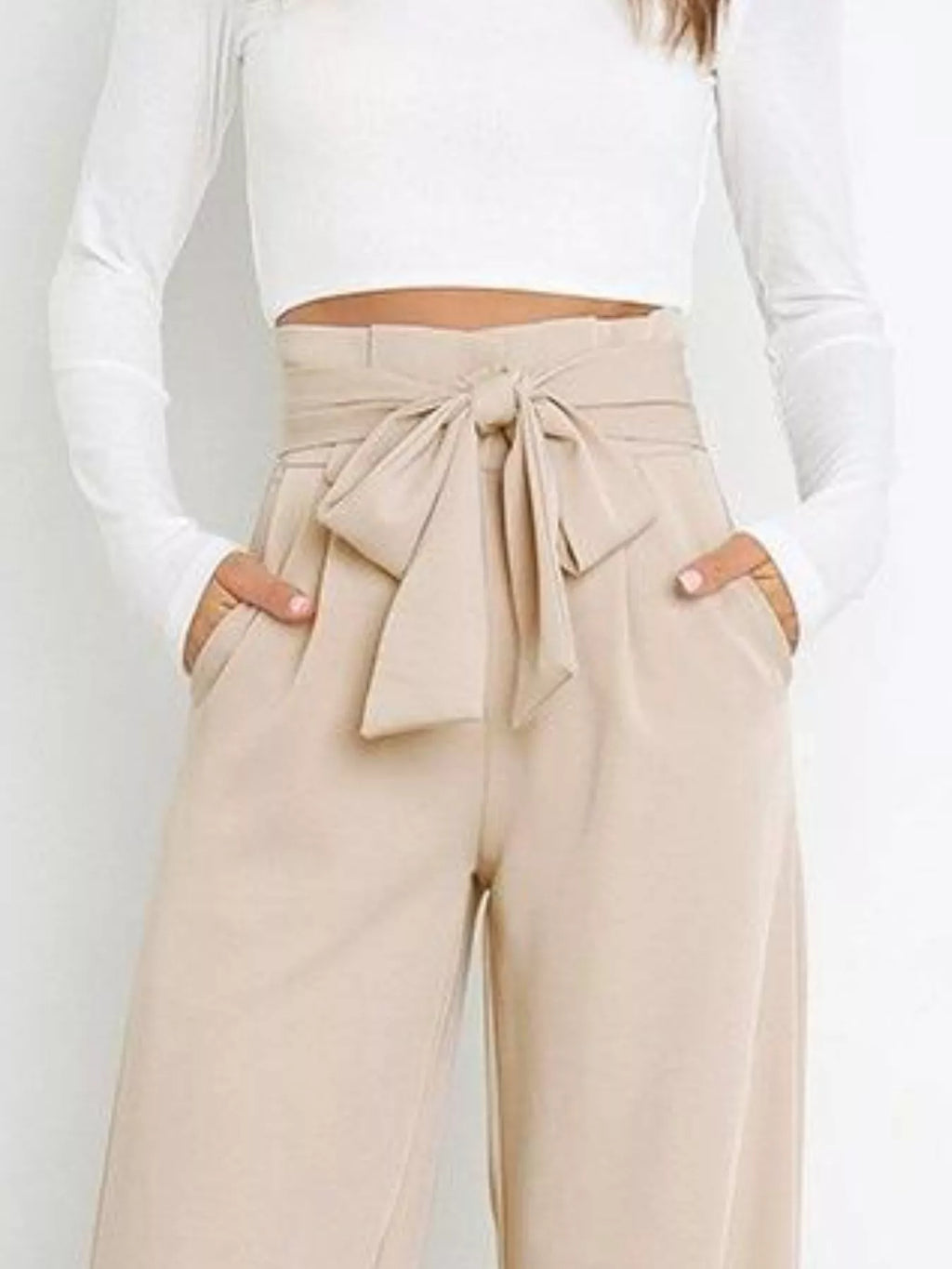 High Waist Tie Front Wide Leg Pants
