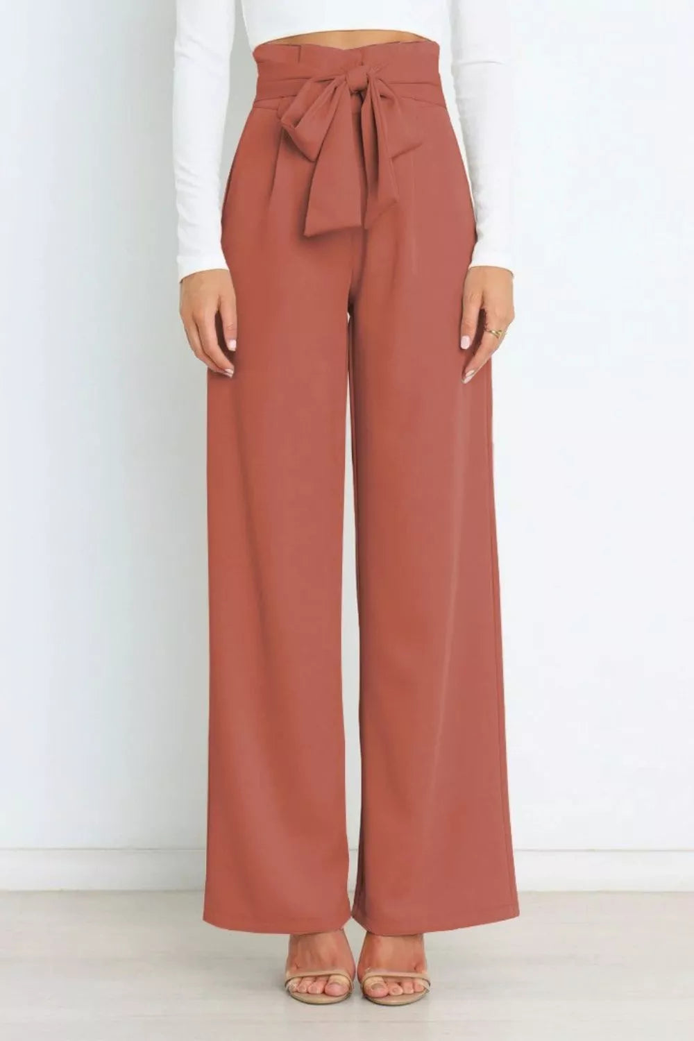 High Waist Tie Front Wide Leg Pants