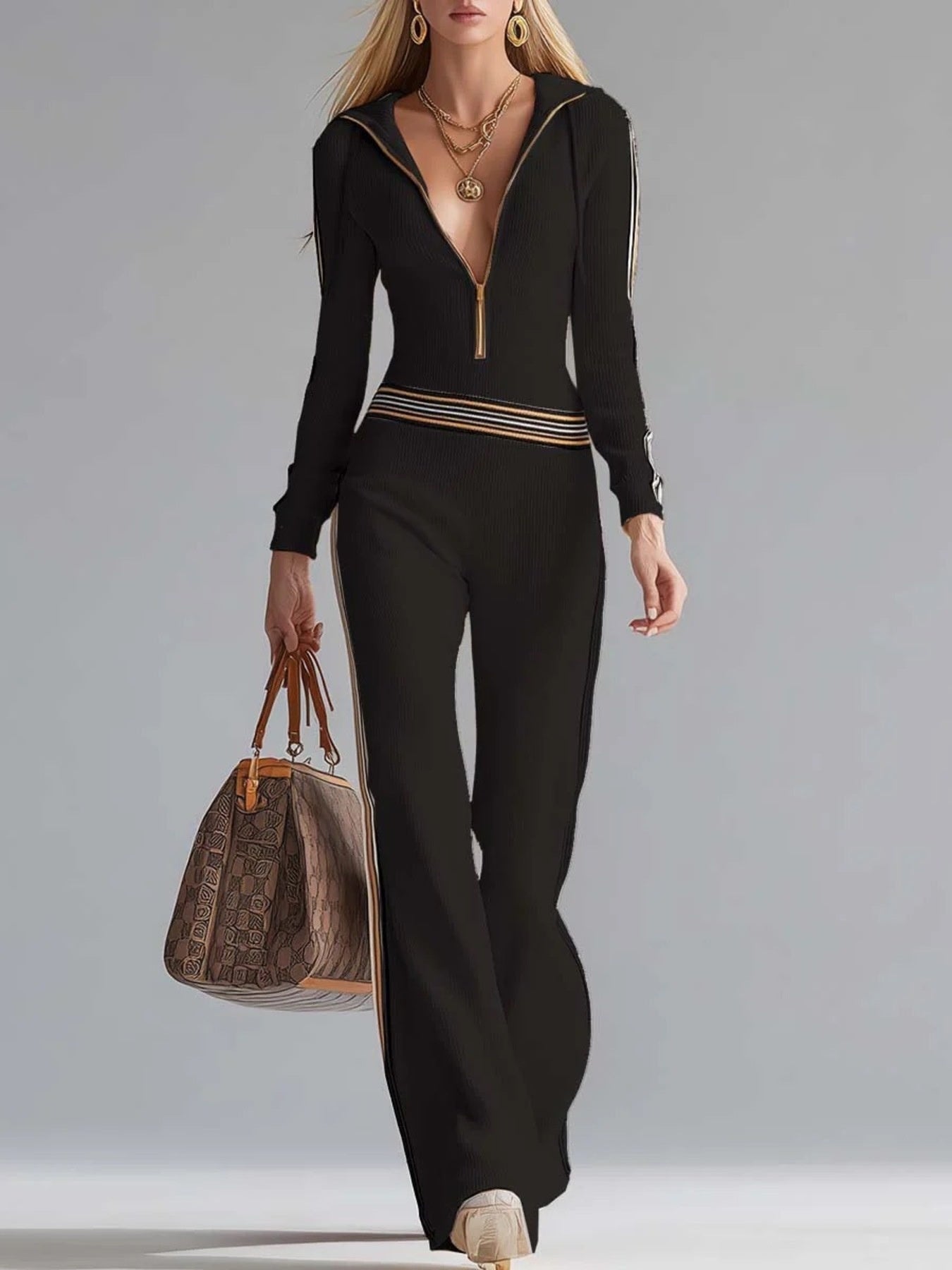 Striped Zip Front Hooded Jumpsuit