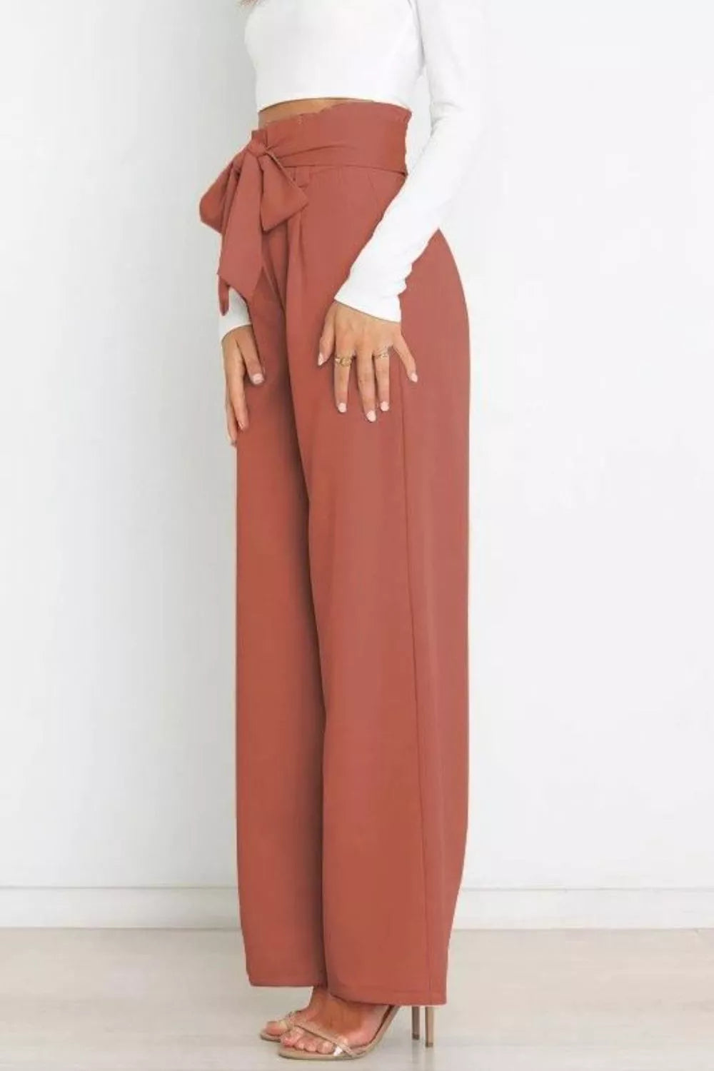 High Waist Tie Front Wide Leg Pants