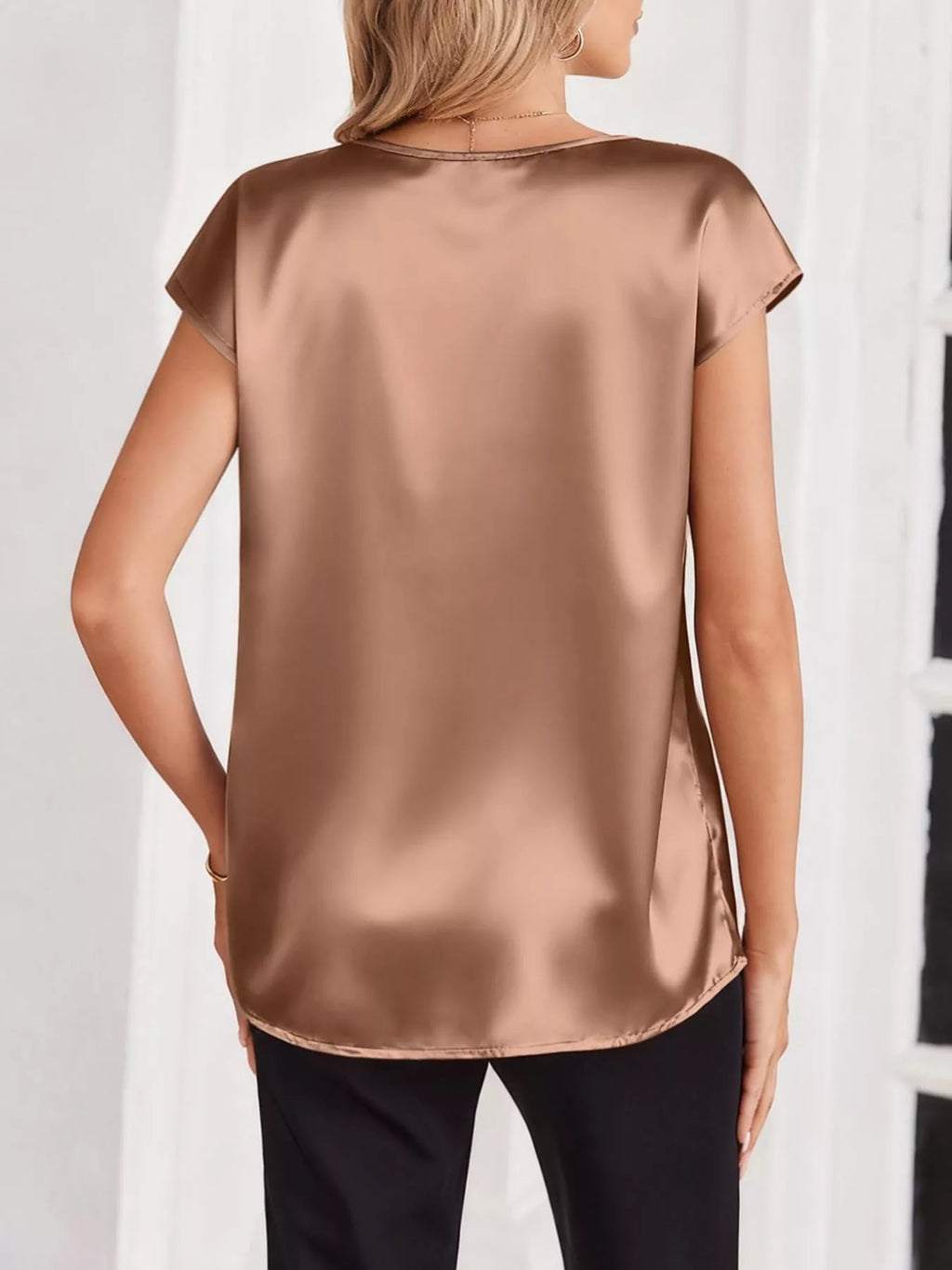Satin V-Neck Cap Sleeve Blouse