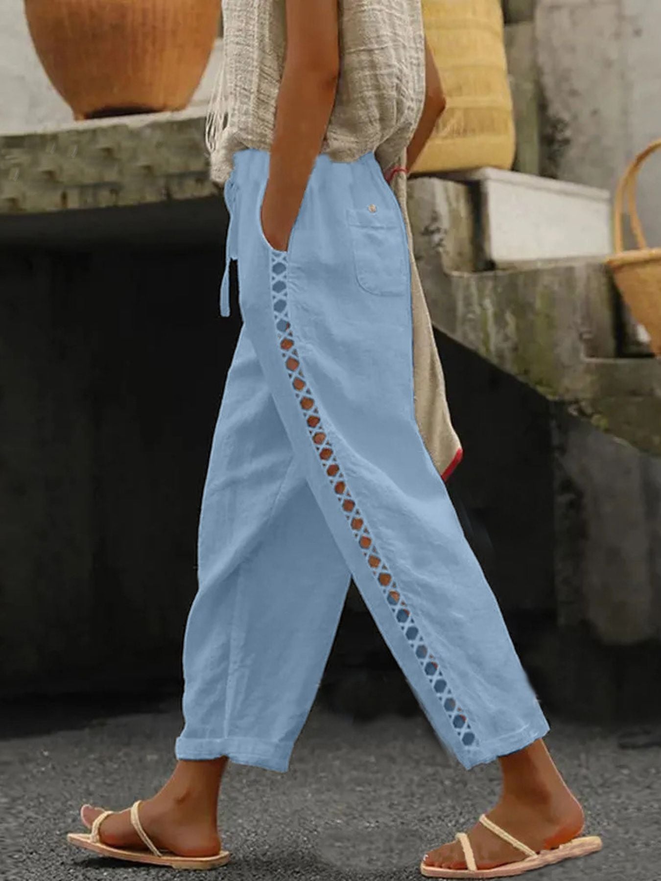 Hollow Out Trim Cropped Pants