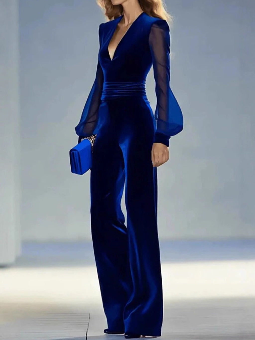 Velvet Wide Leg Jumpsuit with Sheer Sleeves