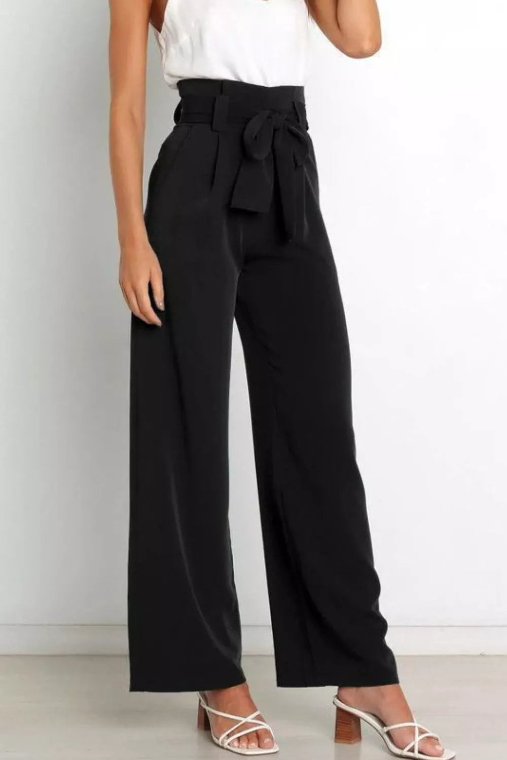 High Waist Tie Front Wide Leg Pants