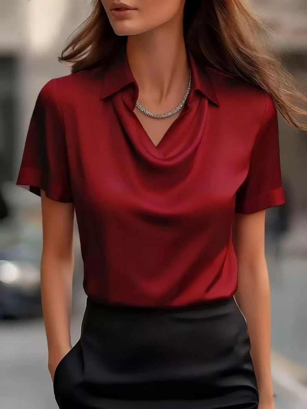 Full Size Cowl Neck Short Sleeve Satin Blouse Plus Size