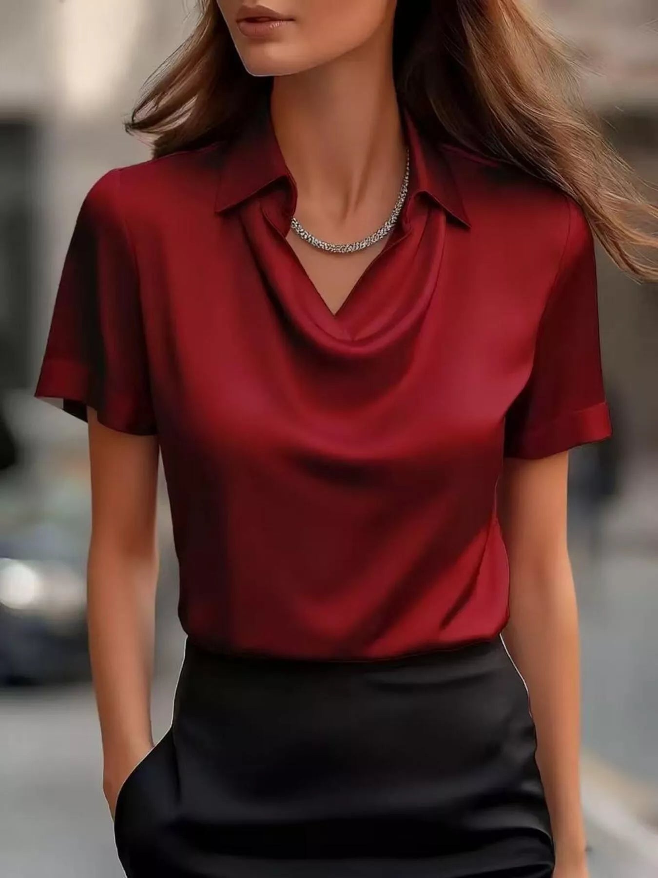 Full Size Cowl Neck Short Sleeve Satin Blouse Plus Size